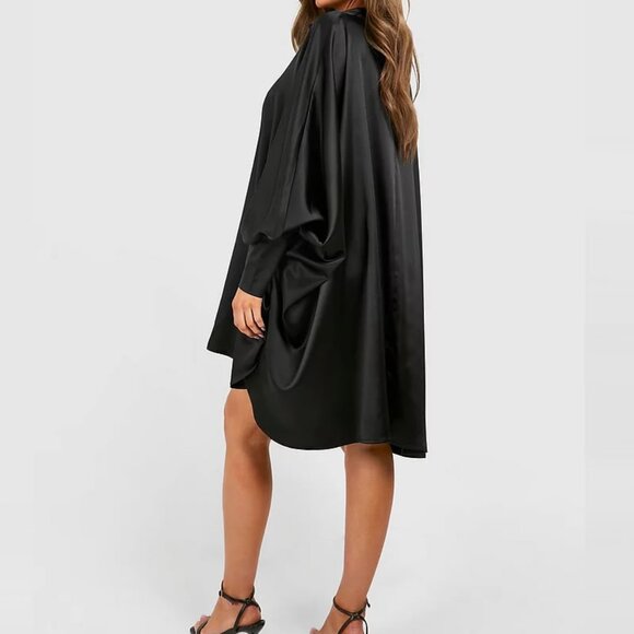 Boohoo Satin Oversized Batwing Balloon Sleeve Shirt Dress - Picture 3 of 3
